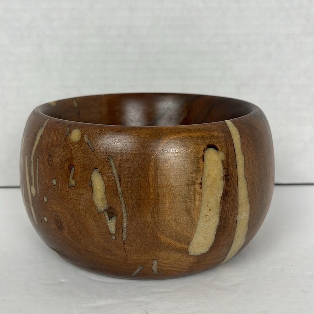 Unique Brown Wooden Bowl with Tan Inlay 6 x 3.5 Inches - Picture 4 of 8